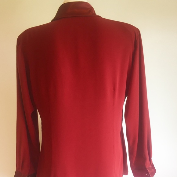 Burgundy long sleeve classic silk bow blouse size M - Picture 7 of 11